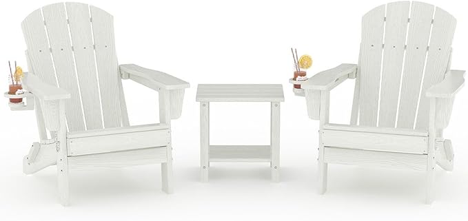 Folding Adirondack Chair Set of 2 with Side Table, All-Weather HDPE Outdoor Chair, Wooden Textured with Cup Holder for patios, Decks, Gardens, fire pits, White