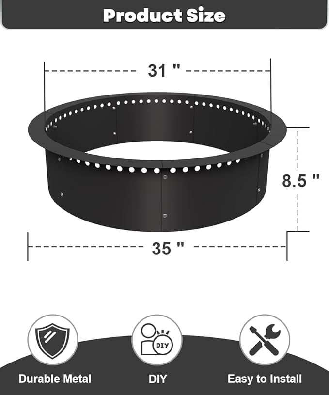 31 Inch Smokeless Fire Pit Ring Insert Outdoor, Heavy Duty Metal Steel DIY Firepit Rim Liner Round Campfire Rings for Outside Wood Burning Above or In-Ground, Black