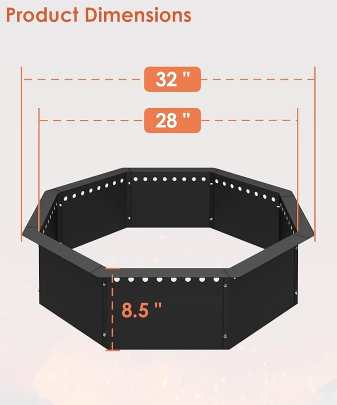 Mocomax Smokeless Fire Pit Ring 32-Inch Outer 28-Inch Inner Diameter, Large Solid Steel Firepit Liner for Outside Wood Burning, DIY Campfire Ring Above or In-Ground for Outdoor, Octagonal