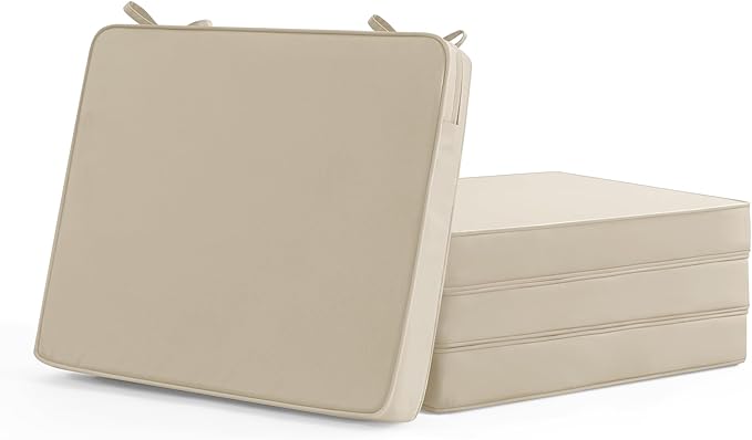 Outdoor Chair Cushions Set of 4: Waterproof & Color Fastness Seat Cushion for Patio Furniture - 22 x 22 x 3 Inch Chair Pads with Ties and Hidden Zipper - Patio Chair Cushion Replacement, Beige