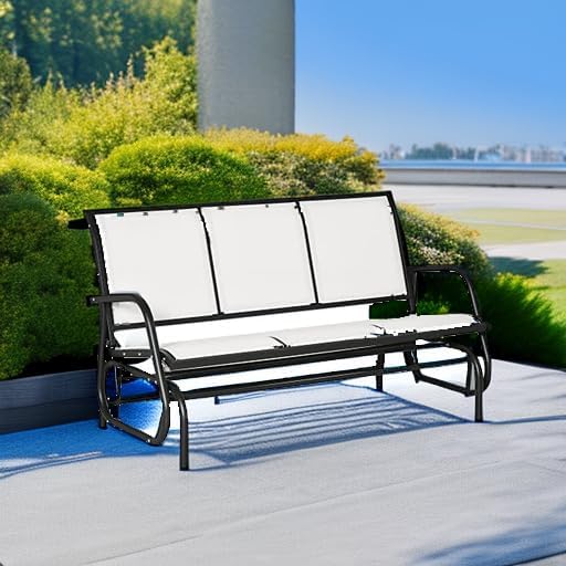 Outsunny 3-Person Patio Glider Bench, Outdoor Porch Glider Swing with 3 Seats, Breathable Mesh Fabric, Metal Frame, Cream White