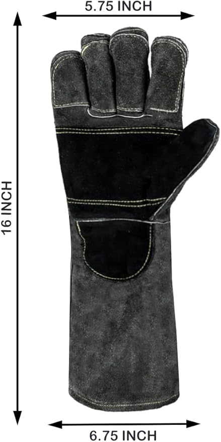 Welding/BBQ Leather Gloves, 16 Inches, Black-Gray, Heat/Fire Resistant, Mitts for Oven/Grill/Fireplace/Furnace/Stove/BBQ/16 inches Extra Long Sleeve