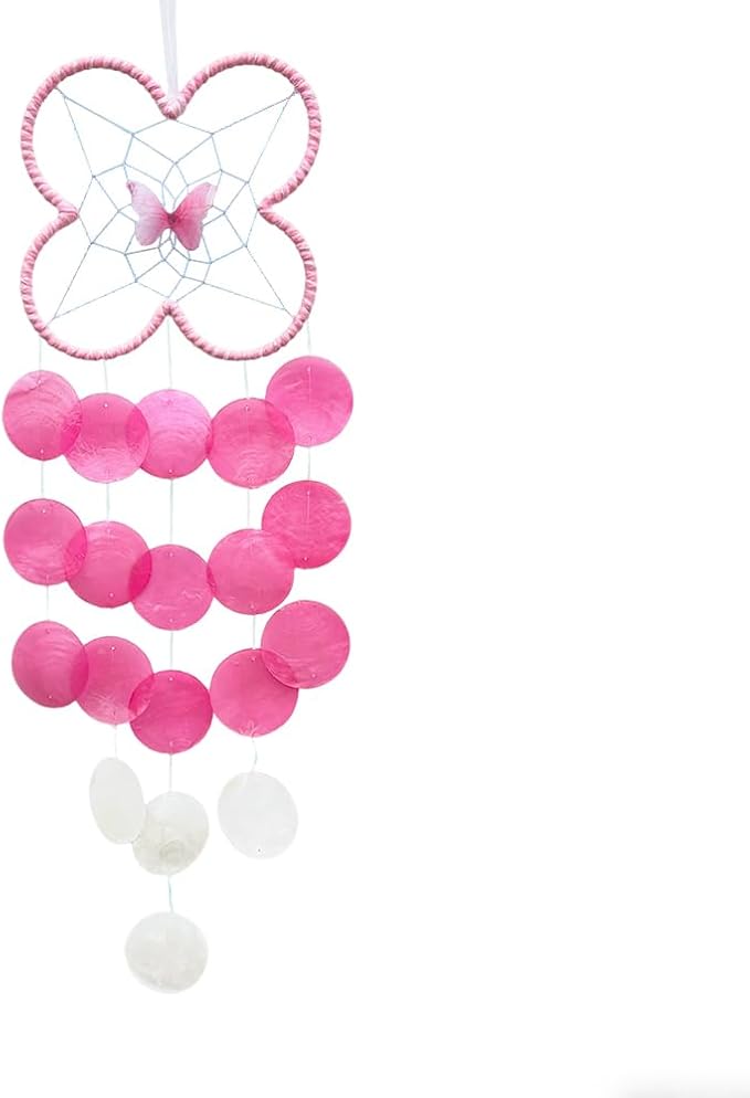 Chic Capiz Shell Wind Chime, Handmade Beach Wind Chimes for Outside, House Decoration for Courtyard, Window, Porch, Unique Gifts for Women (Pink)