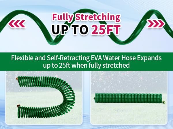 AUTOMAN Coil Garden Hose 25 ft, EVA Curly Water Hose with Brass Connectors, Recoil Garden Water Hose,Includes 7-Pattern Function Sprayer,Retractable,Corrosion Resistant Garden Coil Hose.