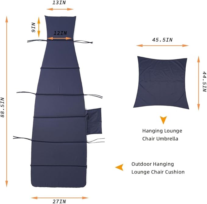 Outdoor Hanging Lounge Chair Cushion with Umbrella – High-Resilience Sponge, Side Pocket, Fade-Resistant, Patio Curved Chaise Hammock Swing Lounger Cushion Pad（Navy Blue）