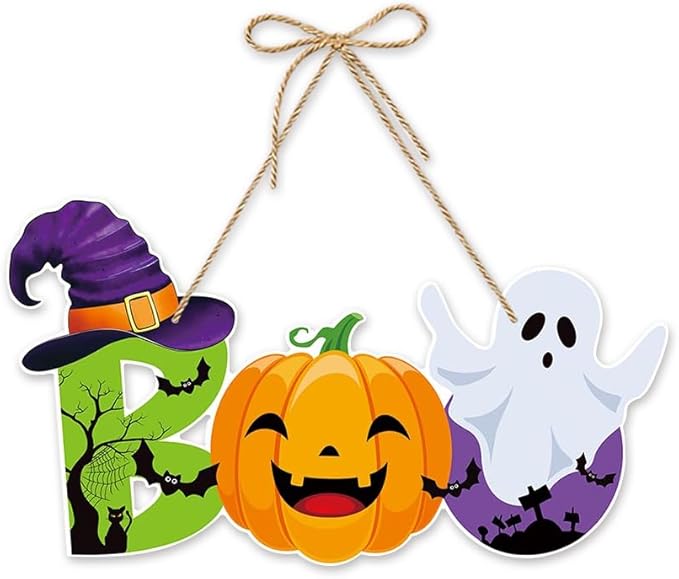 Halloween BOO Decorations Cute Pumpkin & Ghost Hanging Sign Front Door Hanger Wreath Decor Indoor Outdoor Decor for Halloween Party Home Farmhouse Wall Porch Yard Window Decoration Supplies