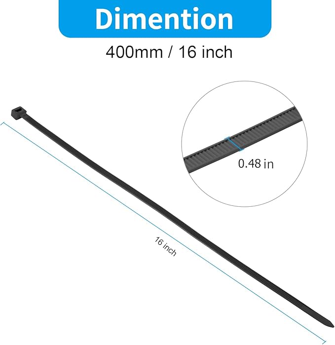 XINGO 16 inch Black Zip Ties Heavy Duty 60 PCS, 250 LBS Ultra Strong Plastic Wire Ties, Large Cable Ties Extra Long Tie Wraps, Indoor and Outdoor UV Resistant