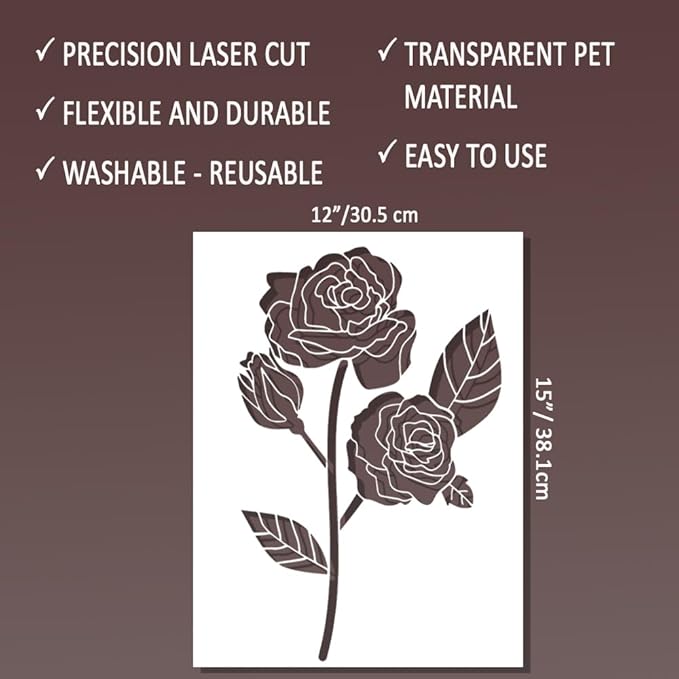Large Rose Stencil - Flower Stencils for Painting on Wood, Canvas, Paper, Fabric, Wall, Furniture - Stencils for Crafts Reusable for Art & Pattern Template - Floral Stencil (12x15 inch)