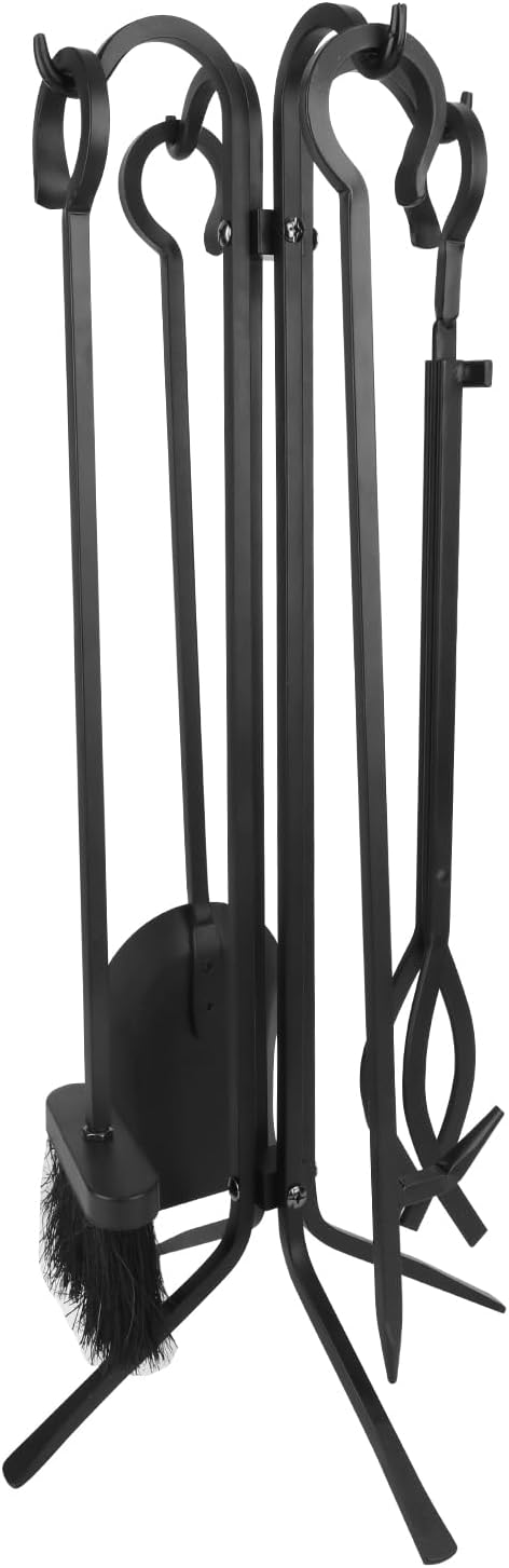 Fireplace Tools Set 5 Piece - Solid Wrought Iron Fire Place Tool Set with Stand, Heavy Duty Indoor Outdoor Fire Pit Accessories Kit, Stable X-Base Black