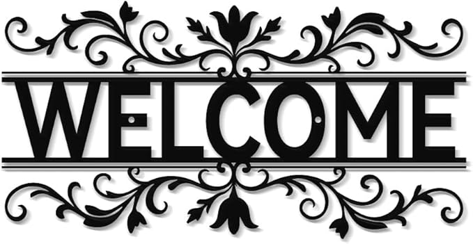 Metal Welcome Signs for Front Door- Elegant Black Metal Letter Wall Decor, Welcome Door Sign Wall Hanging Decors for Front Porch/Living Room/Kitchen/Office, Waterproof Outdoor Garden Fence Art Sign