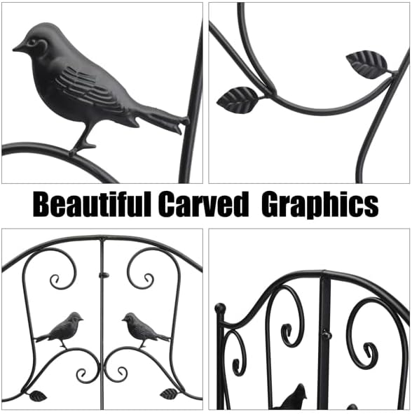 4 ft Metal Garden Bridge, Bird Pattern Arched Handrail Courtyard Iron Bridge Black