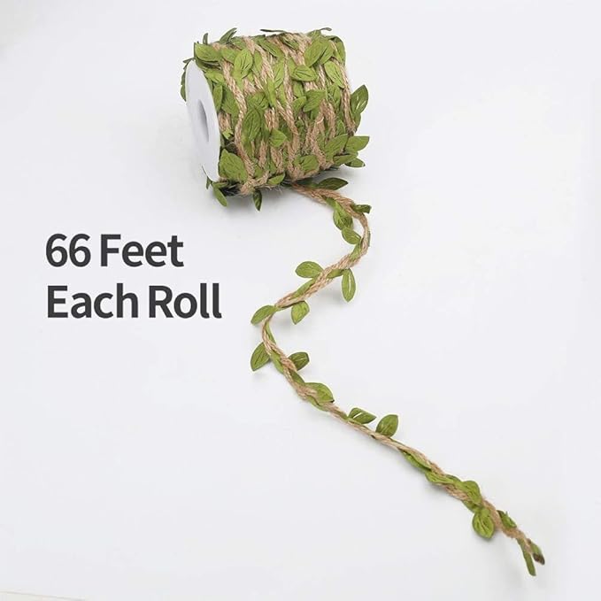 Tenn Well Burlap Leaf Ribbon, 132Feet 5mm Jute Twine Vine with Artificial Leaves for Crafts, Wedding, Jungle Party Decor (2PCS x 66Feet)