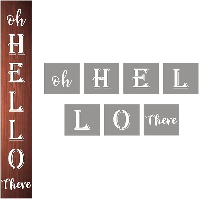 Large Oh Hello There Stencil - 7 Pack Vertical Oh Hello There Sign Stencils Templates for Painting on Wood, Reusable Letter Stencils for Front Porch Wood Signs