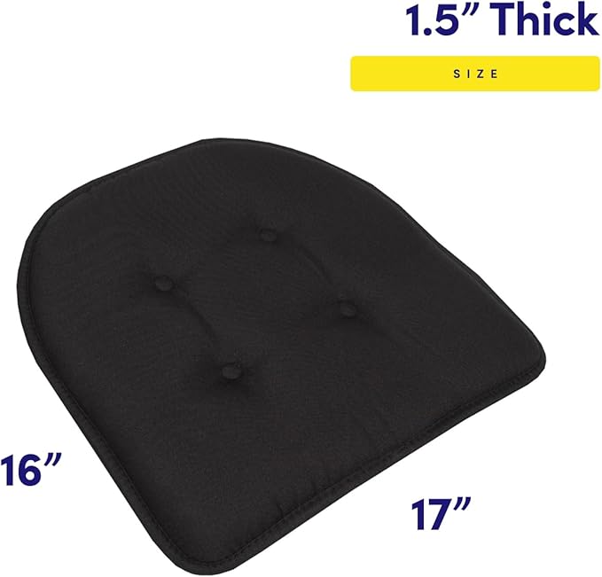 Sweet Home Collection Chair Cushion Memory Foam Pads Tufted Slip Non Skid Rubber Back U-Shaped 17" x 16" Seat Cover, 4 Count (Pack of 1), Black