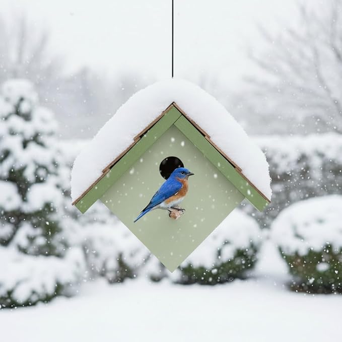 Large Cedar Bluebird House for Outside - Bamboo Shingles Roof Birdhouse for Bluebirds - Weather Proof Metal Protected - 13/16” Thickness Heavy Duty - Detachable and Easy Cleaning (1.5" Hole)