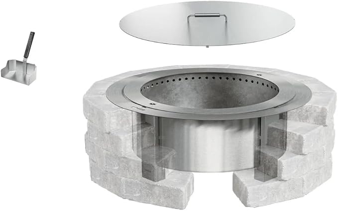 Breeo Smokeless Fire Pit Insert Bundle – X Series Insert Ring, Lid, and Ash Shovel Included – Fits Stone or Brick Surround 34" - 39" Diameter – Outdoor Fire Pit Upgrade - X30 Series, Stainless Steel
