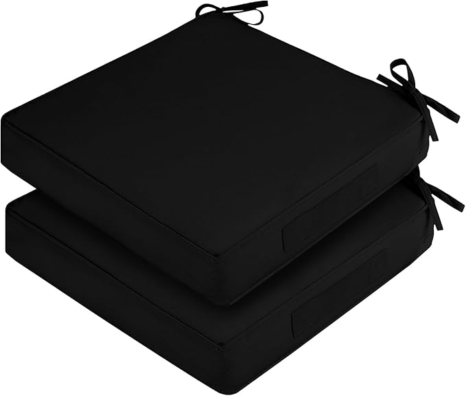 Waterproof Outdoor Chair Cushions Set of 2, Square Outdoor Seat Cushions with Ties and Removable Covers, 22 x 22 Outdoor Cushions for Patio Furniture with Portable Handle(Black)
