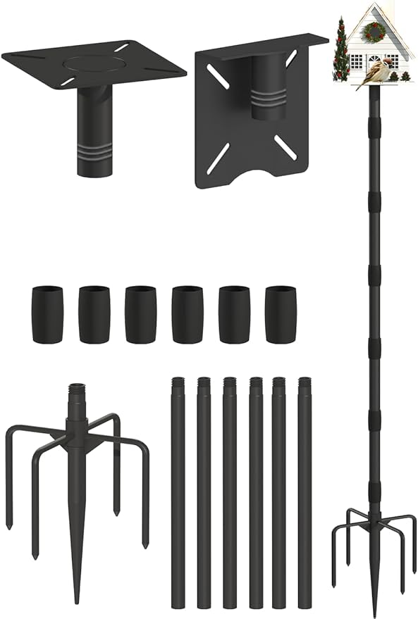 Garbuildman Upgraded Smart Bird Feeder Pole for Birdhouses with Reinforced 5-Prong Base, Adjustable Birdhouse Pole for Outdoors, Bird Feeder Stand Mounting Kit for Wild Birds Watching, Black