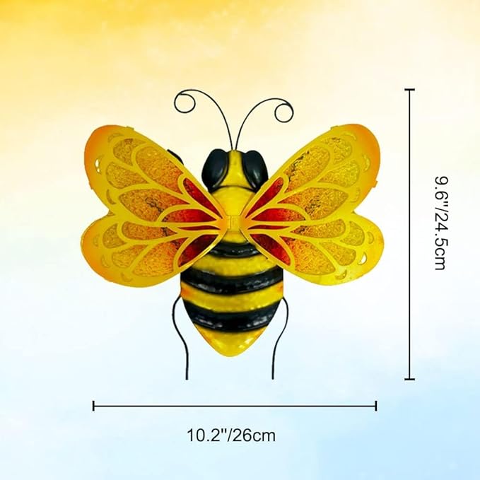 LIFFY Metal Bee Wall Decor,10" Hanging Glass Bumblebee Outdoor Decor,Decorative Garden Ornaments Outside for Home Patio Fence Yard
