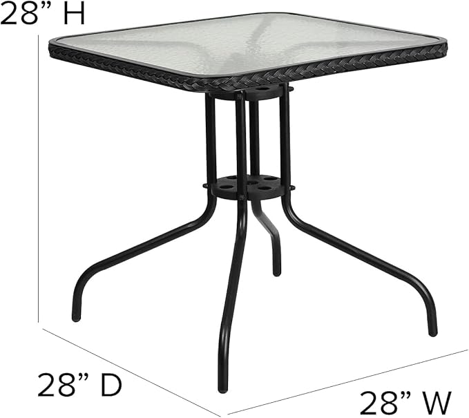 Flash Furniture Lila 28'' Square Glass Metal Table with Black Rattan Edging and 2 Black Rattan Stack Chairs