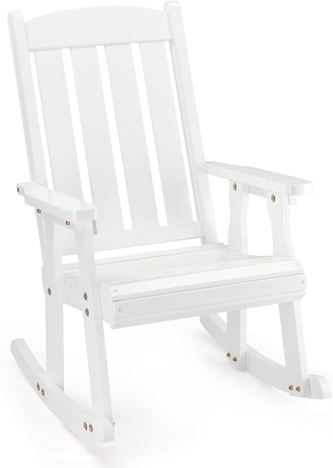 VINGLI Outdoor Rocking Chair, Heavy Duty 600 LBS Wooden Rocking Bench with Comfortable Backrest, Weatherproof Patio Rocker with Ergonomic Design, Wood Rocking Chair for Patio, Garden (White, 1PC)