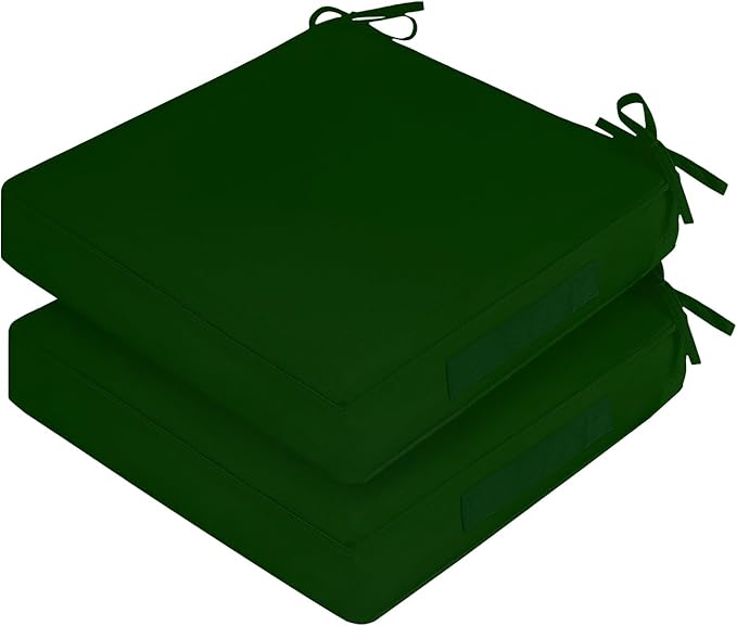 Waterproof Outdoor Chair Cushions Set of 2, Square Outdoor Seat Cushions with Ties and Removable Covers, 19 x 19 Outdoor Cushions for Patio Furniture with Portable Handle(Forest Green)