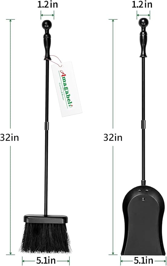 AMAGABELI Metal Fireplace Ash Shovel and Brush Set Accessories 32'' Rust Resistant with Smooth Long Handle Coal Shovel Hearth Broom Fire Place Tools Set Indoor Outdoor for Wood Stove Fire Pit