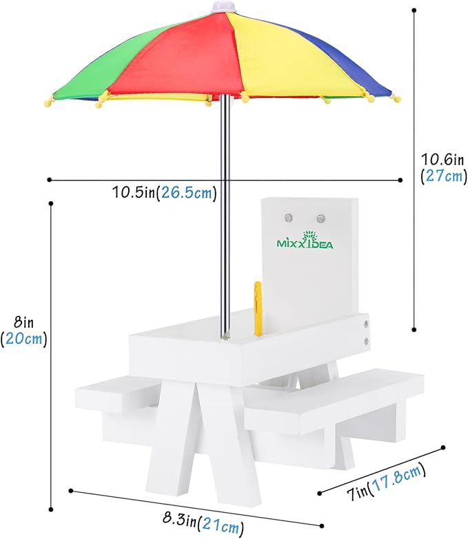 MIXXIDEA Squirrel Feeder Table with Umbrella, Wooden Squirrel Picnic Table Feeder, Sturdy Squirrel Feeder Corn Cob Holder, with Solid Structure and 2 x Thick Benches(Colorful)