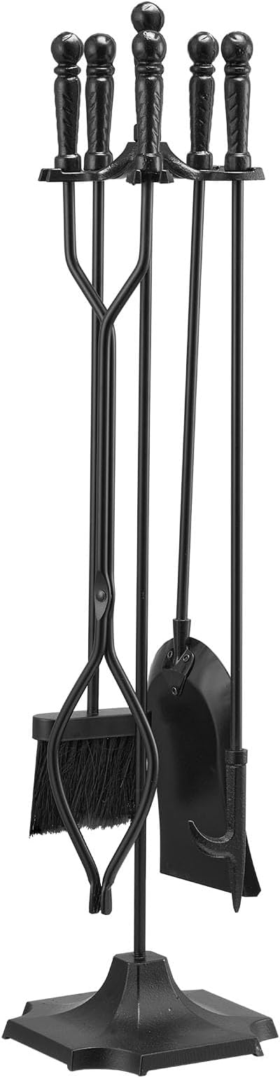 VEVOR Fireplace Tool Set, 5 PCS Fire Tool Set and Holder with Five-Prong Stand, Tongs, Ash Shovel, Brush, Fire Place Poker, Wrought Iron Fireplace Accessories for Campfire Indoor/Outdoor, Black