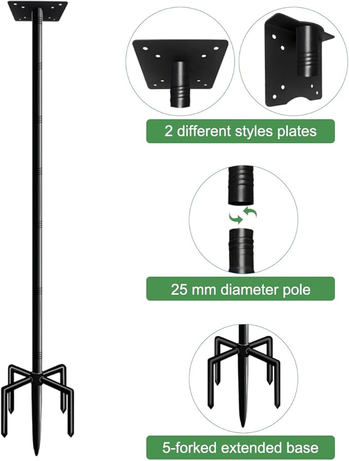 75 Inch Bird House Pole Mount Kit, Adjustable Heavy Duty Bird Feeder Pole for Outdoors, Universal Mounting Post Set with 5-Prong Base, Black, 1 Pack