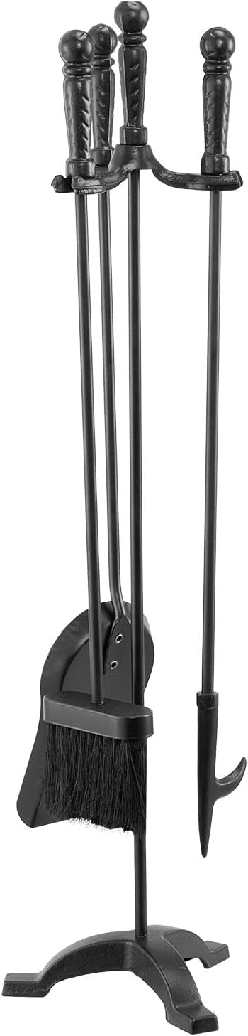 VEVOR Fireplace Tool Set, 4 PCS Fire Tool Set and Holder with Three-Prong Stand, Ash Shovel, Brush, Fire Place Poker, Wrought Iron Fireplace Accessories for Campfire Indoor/Outdoor, Black