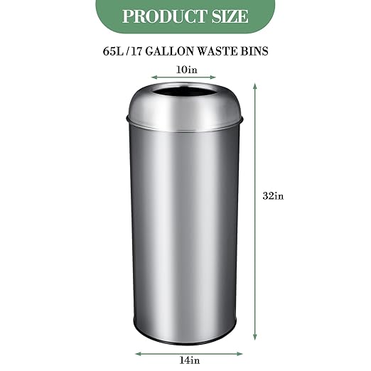 65L/17 Gallon Tall Commercial Trash Can, Large Capacity Outdoor Trash Can with Lid, Round Stainless Steel Open Top Waste Bin, Metal Garbage Bin for Home, Office, Restaurant, Restroom
