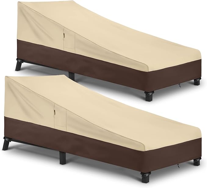 Arcedo Waterproof Outside Lounge Chair Covers 2 Pack, Heavy Duty Patio Chaise Lounge Covers for Outdoor Furniture, Protect Your Pool Chairs in Winter, 80" L x 32" W x 25" H, Beige and Brown