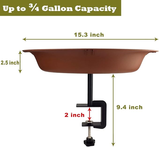 Garbuildman Deck Mounted Bird Bath Bowl Spa Birdfeeder & Adjustable Unheated Birdbath with Heavy Duty Clamp for Outdoor Garden, Oval Style, Brown
