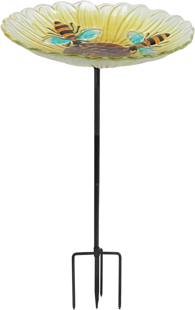 Bird Baths for Outdoors, Glass Birdbaths Outdoor Garden Birdfeeder with Metal Stake for Lawn Yard Decor, 24 Inch Height, Yellow