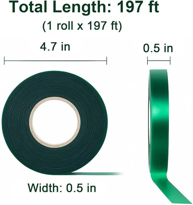 Plant Tie Tape 0.5" × 197 ft – Non-Adhesive Stretch PVC, Cut-to-Length, Weather-Resistant & Reusable Garden Tape for Vines, Tomatoes & Trees, Includes Binder Clip & Mesh Bag