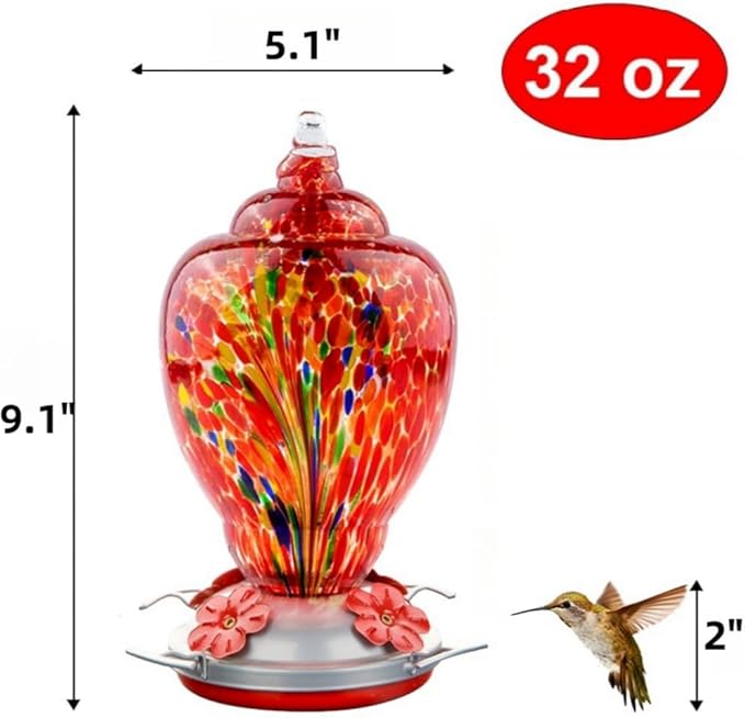2 Pack Unique Hand Blown Glass Hummingbird Feeders for Outdoors Hanging Patio Garden Decorations Hummingbird Feeder with Ant Moat Hook Brush and Service Card (Blue and Fire)