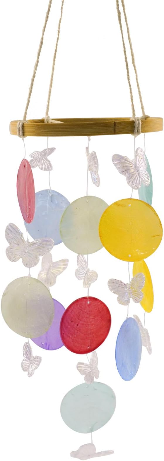 Wind Chimes Outdoor with Round Capiz Shells Butterfly,Ocean Theme Party Decorations Memorial Wind Chimes Suitable for Indoor Front Porch Garden Patio Decoration(Colorful 13inch)