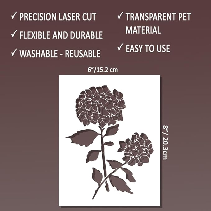 Hydrangea Stencil - Flower Stencils for Painting on Wood, Paper, Fabric, Wall, Furniture - Stencils for Crafts Reusable for Art, Cards, Journaling & Pattern Template - Floral Stencil (6x8 inch)