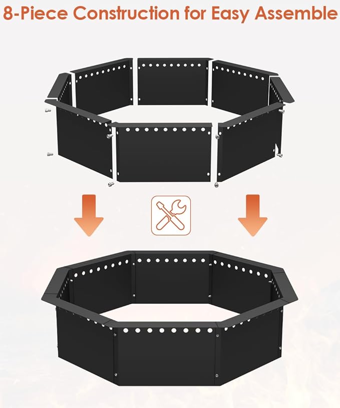 Mocomax Smokeless Fire Pit Ring 28-Inch Outer 24-Inch Inner Diameter, Large Solid Steel Firepit Liner for Outside Wood Burning, DIY Campfire Ring Above or In-Ground for Outdoor, Octagonal