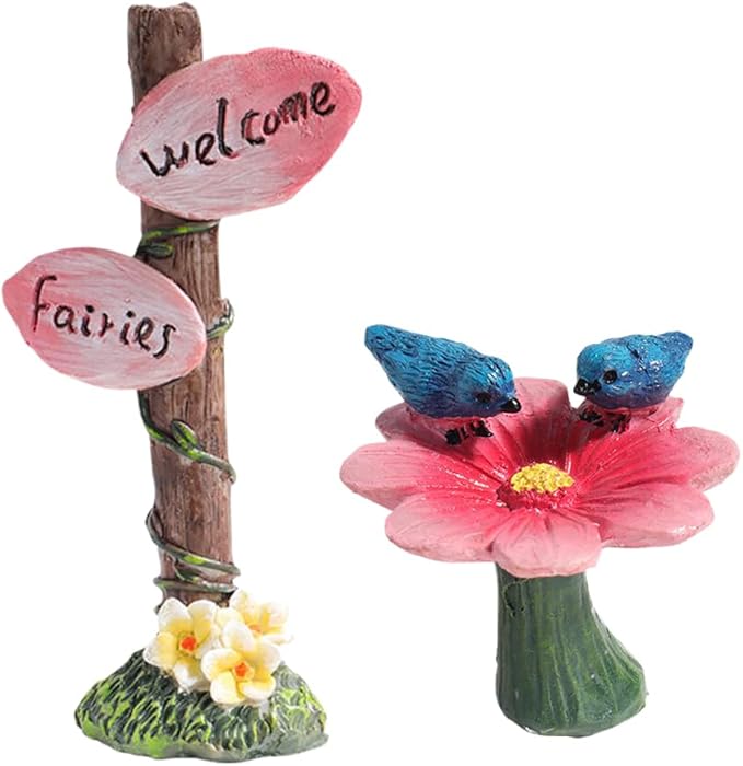 2Pcs Welcome Sign Fairy Garden Decor and Cute Flower Shaped Sculpture Statue Fairy Garden Decor House Miniature Garden Sculpture Statues Accessories