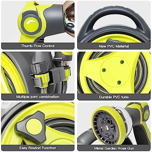 Retractable Garden Hose Reel, Portable Hose Reel, 45+5FT with 10 Patterns Spray Nozzle, Adapts to standard US hose plugs, 50FT Hose Reel for Garden Watering Car Washing Pet -Green