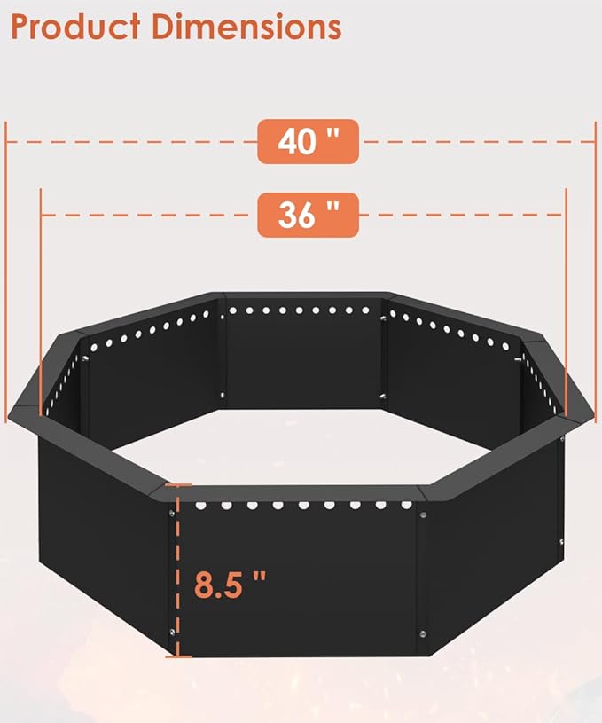 Mocomax Smokeless Fire Pit Ring 40-Inch Outer 36-Inch Inner Diameter, Large Solid Steel Firepit Liner for Outside Wood Burning, DIY Campfire Ring Above or In-Ground for Outdoor, Octagonal