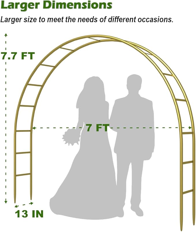 Queension Metal Wedding Arch for Ceremony Party Decoration 7Ft Wide 7.7Ft High,Garden Arch Trellis with Ground Bases for Climbing Plants,Outdoor Garden Arbor for Roses Vines, Round Frame, Gold