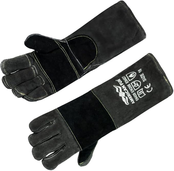Welding/BBQ Leather Gloves, 16 Inches, Black-Gray, Heat/Fire Resistant, Mitts for Oven/Grill/Fireplace/Furnace/Stove/BBQ/16 inches Extra Long Sleeve