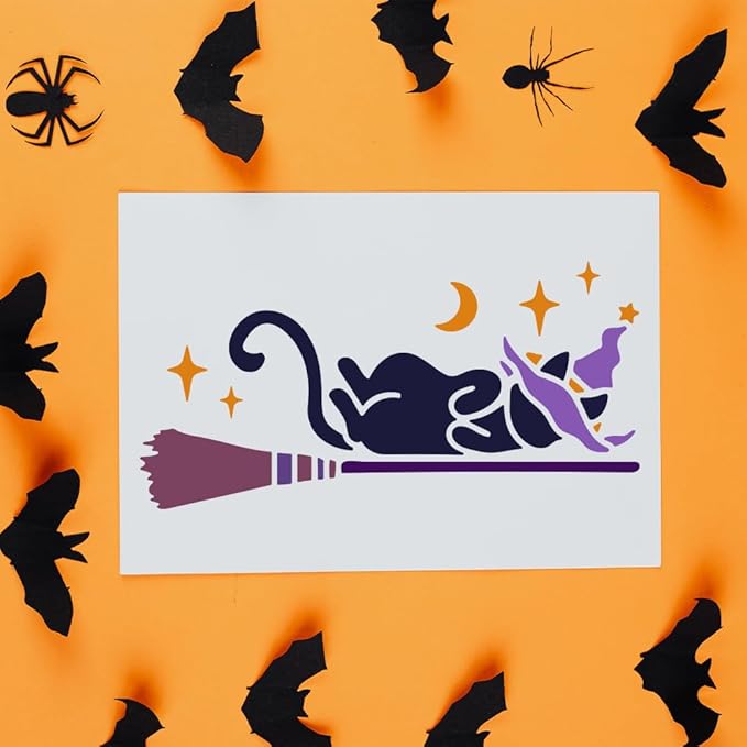 MAYJOYDIY Magic Cat Broom Stencils, 11.7 x 8.3 inch, 6 Styles with Paint Brush, DIY Craft Template for Furniture and Canvas