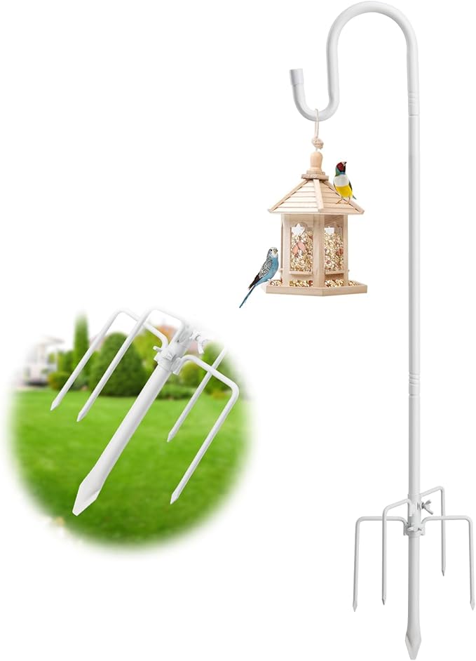 Bird Feeder Pole with Shepherd’S Hook - 78" Heavy Duty Hummingbird Stand with 5-Prong,Rustproof Bird Feeder Hangers for Outside Hanging Birdfeeders, Wind Chimes, Lanterns, Solar Lights - White