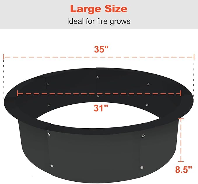 Koutemie Outdoor Fire Pit Ring Liner 35-Inch Outer/31-Inch Inner Diameter, Heavy Duty Solid Metal Steel Round Firepit Rim Insert for Outside DIY Campfire Ring Above or In-Ground, Black