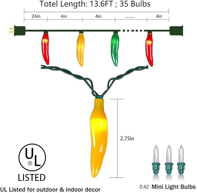 Multicolor Chili Pepper Lights, 13.6Ft Christmas Decorative String Lights with 35 Red Green Yellow Chili Light, Connectable Chili Pepper Lights for Outdoor Indoor Xmas Party Kitchen Garden