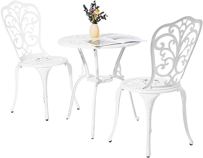 VINGLI 3 PCS Outdoor Bistro Set, Outdoor Patio Set, All-Weather Cast Aluminum Bistro Table Set, Bistro Table and Chairs Set of 2 for Backyard, Garden, Balcony (White, Butterfly)